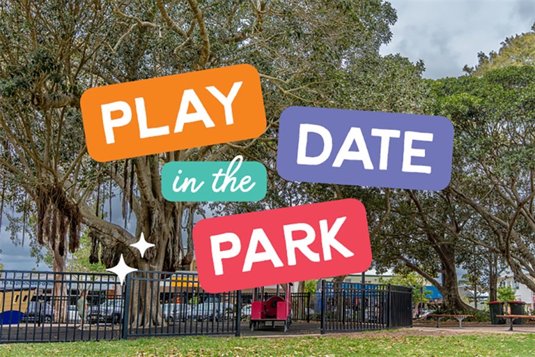 Photograph of the children's playground at Ernie Organ Park with colourful 'Play Date in the Park' graphic overlay.